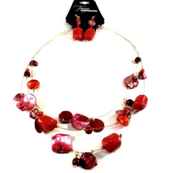 Multi-Strand Gold, Red Seashell Beads Illusion 20" Necklace - Matching Earrings - Picture 4 of 12